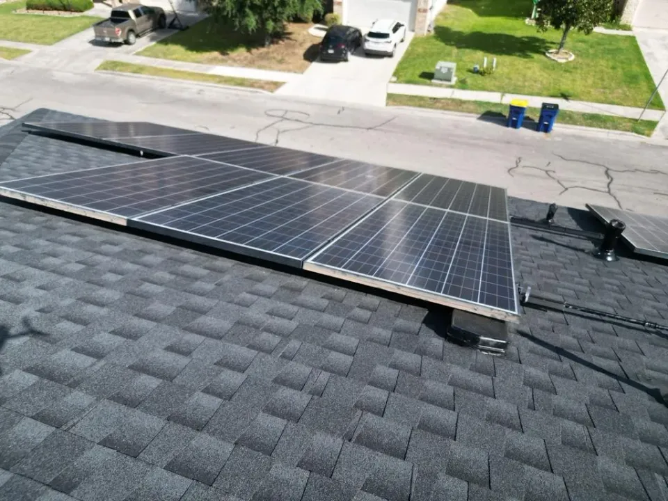 Rooftop solar array on a home, seen from the roof