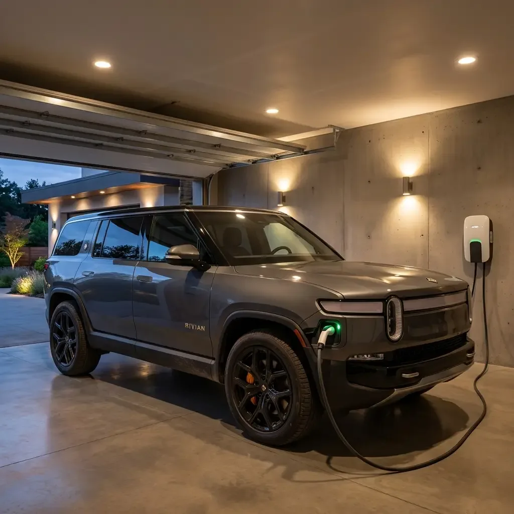 Electric vehicle plugged into a wall charger (illustration)